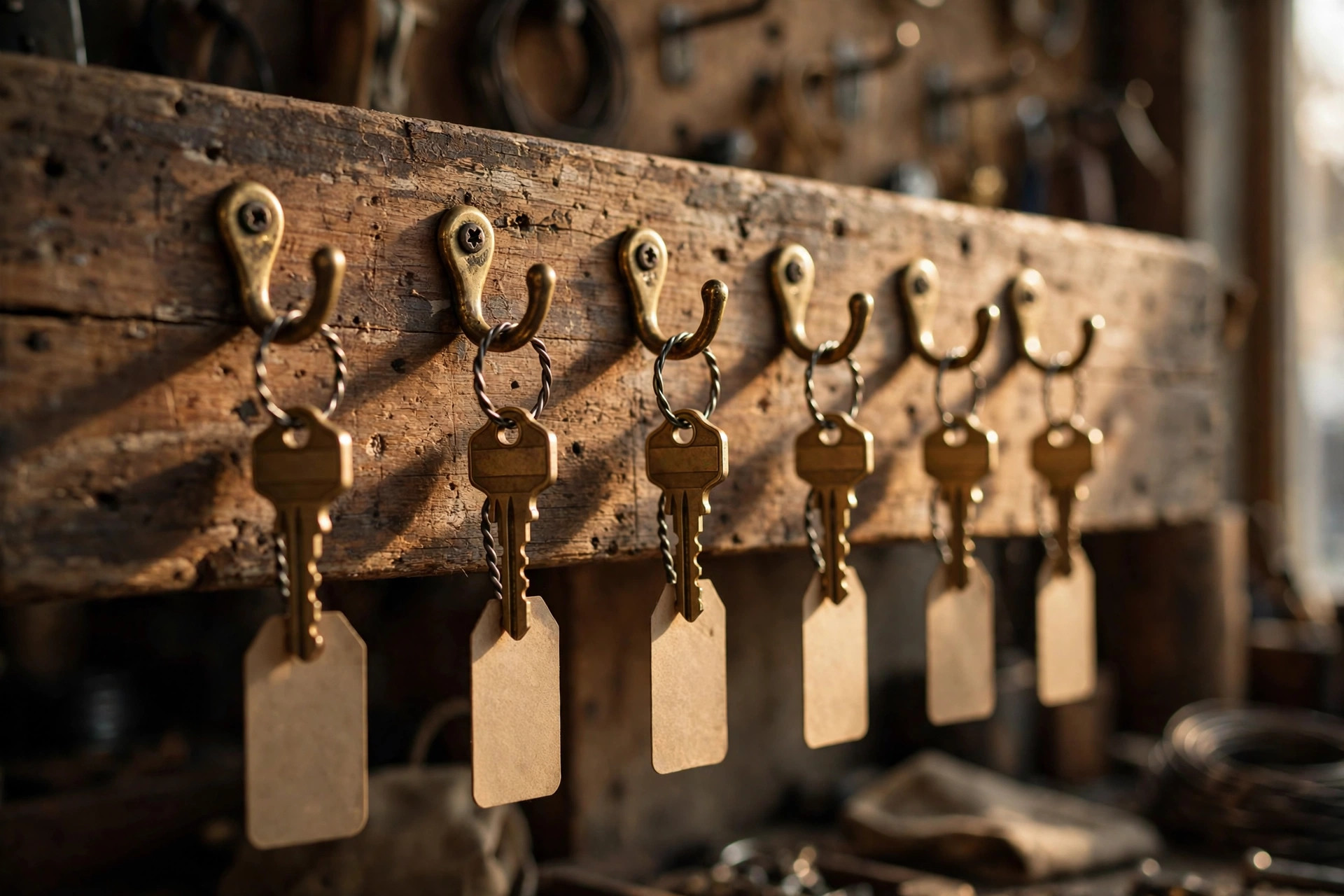 Row of tagged keys on brass hooks